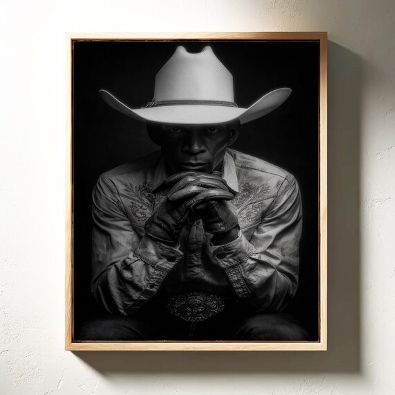 Shadow and Grit Black Cowboy Portrait White Hat Photo Poster