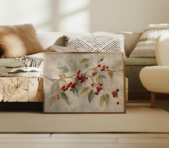 Botanical Branch With Red Berries On Neutral Canvas