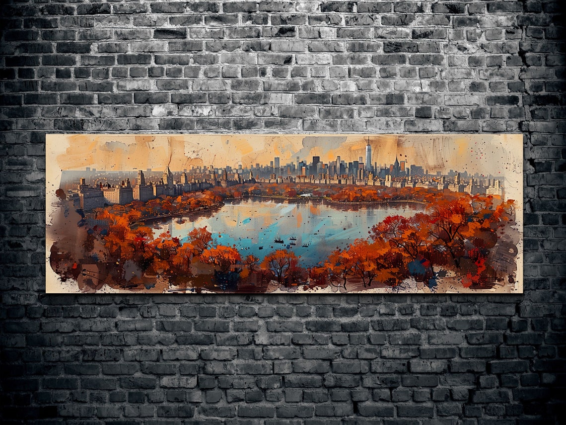 Central Park Lake Autumn Watercolor Skyline Panorama Wall Art - Image 2