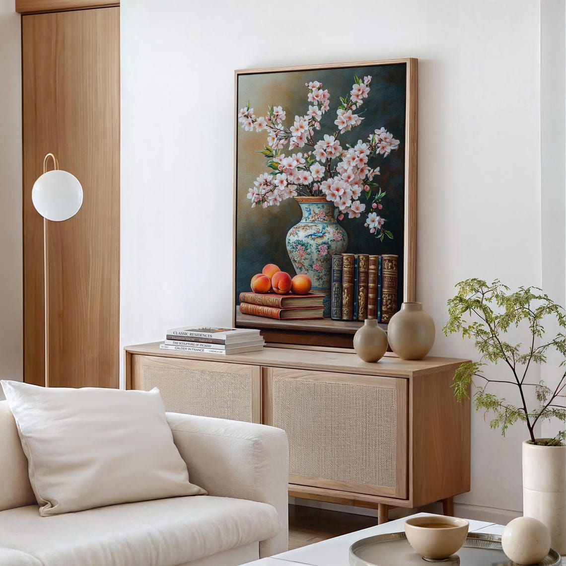 Cherry Blossom Vase Still Life Peaches Vintage Books Oil Art Poster - Image 4