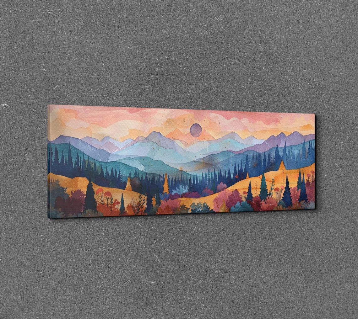 Moonlit Mountain Watercolor Layered Pines Warm Sunset Sky Wall Art - Image 3