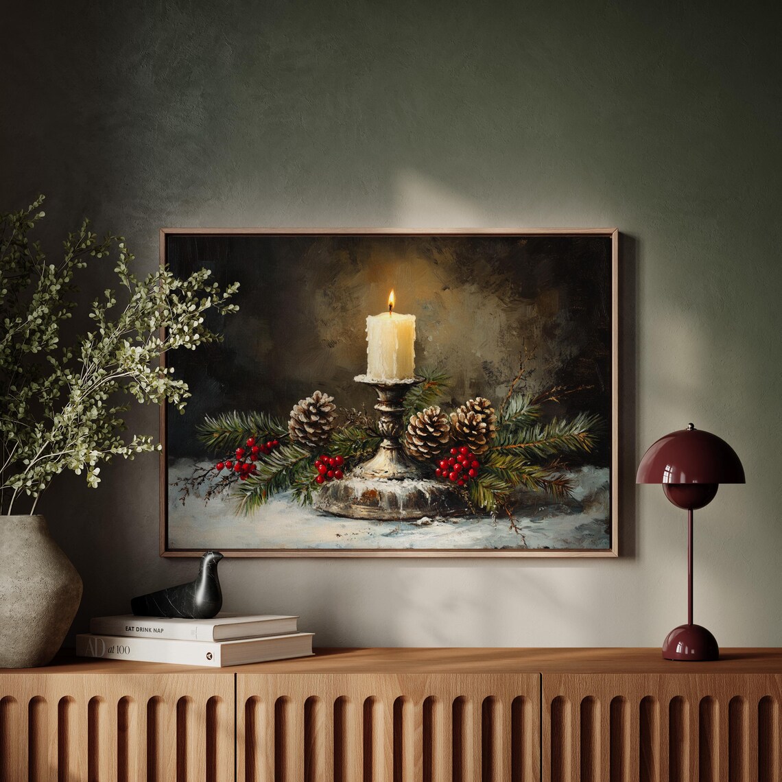 Rustic Christmas Candle Artwork, Festive Pinecones - Image 4