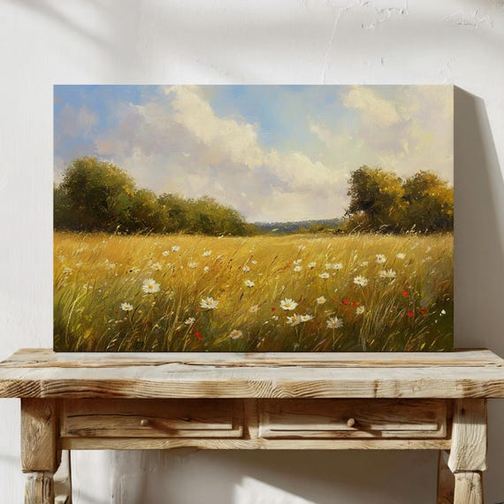 Golden Meadow Canvas Wall Art Vintage Oil Painting Of Wildflowers And Trees Under A Blue Sky Peaceful Country Landscape Decor