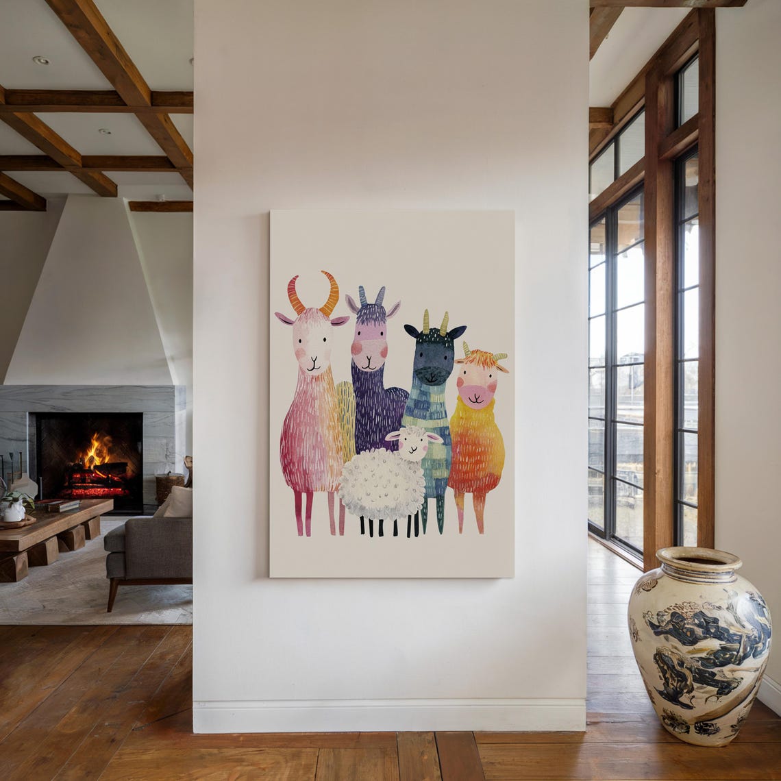 Cute Farm Animal Family Art Llama Sheep And Goat Playful Animal Wall Art For Kids Room Colorful Farmhouse Decor - Image 3
