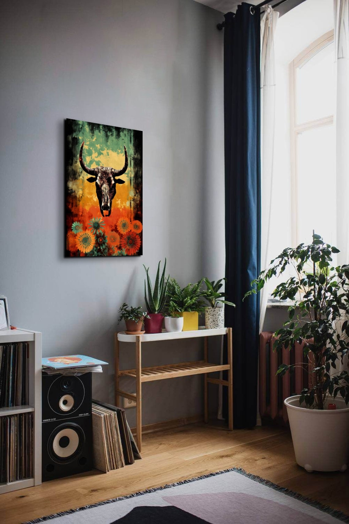 Longhorn Skull Floral Art Teal Orange Southwest Western Poster - Image 4