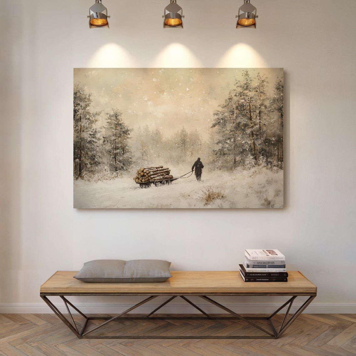 Lone Woodsman Pulling a Log Sled Through Deep Winter Snow Poster