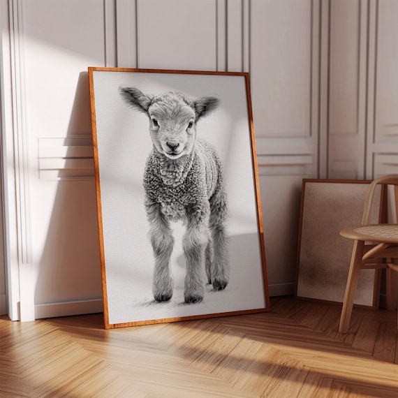 Baby Lamb Poster Black And White Farm Animal Drawing Nursery