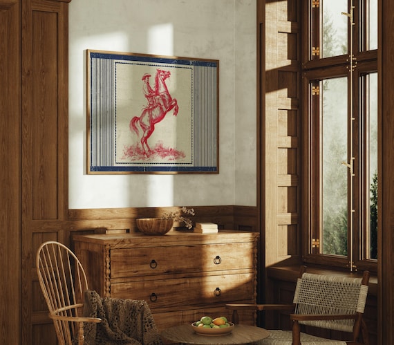 Red Toile Cowboy Riding Rearing Horse Americana Stripe Art Poster