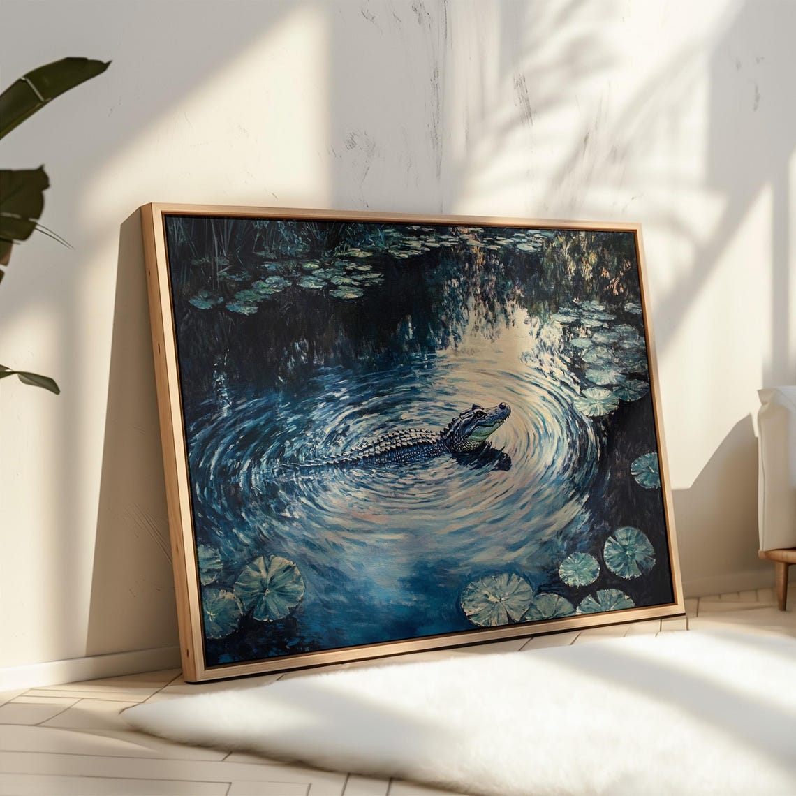 Alligator Swimming in Moonlit Lily Pond Dark Blue Swamp Poster - Image 3
