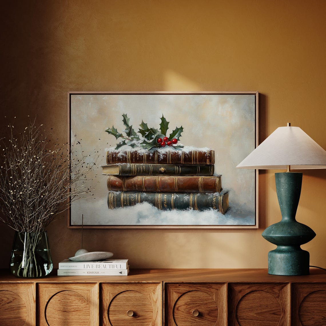 Stacked Antique Books Snow Holly Christmas Vintage Winter Art Poster - Image 4
