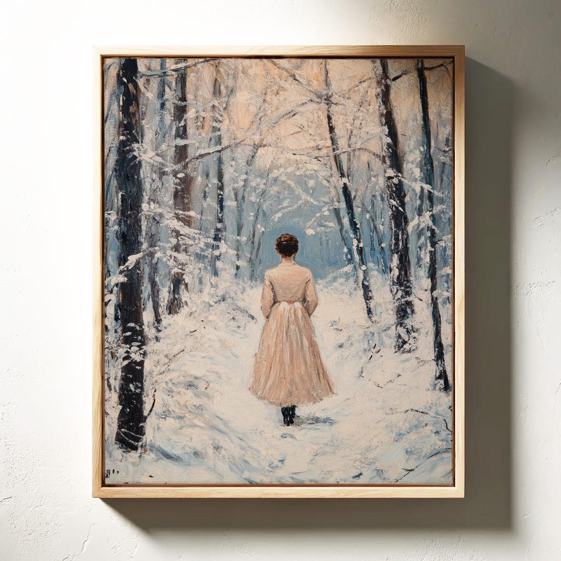 Woman Walking Away Through Snowy Forest Path Winter Scene Poster - Image 5