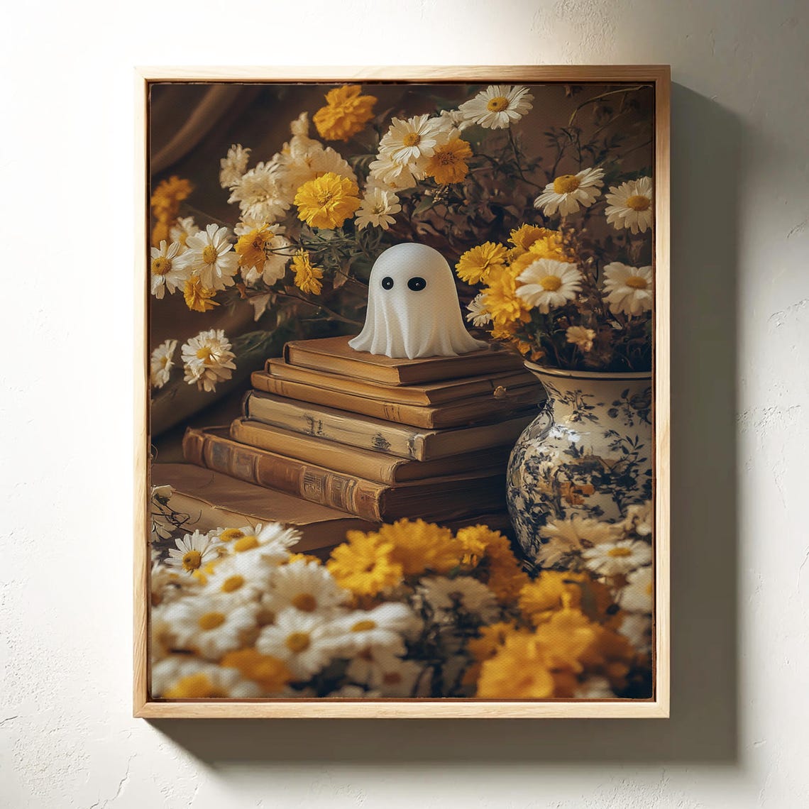 Cute Ghost On Stack Of Vintage Books With Daisies Fall Decor Poster - Image 2