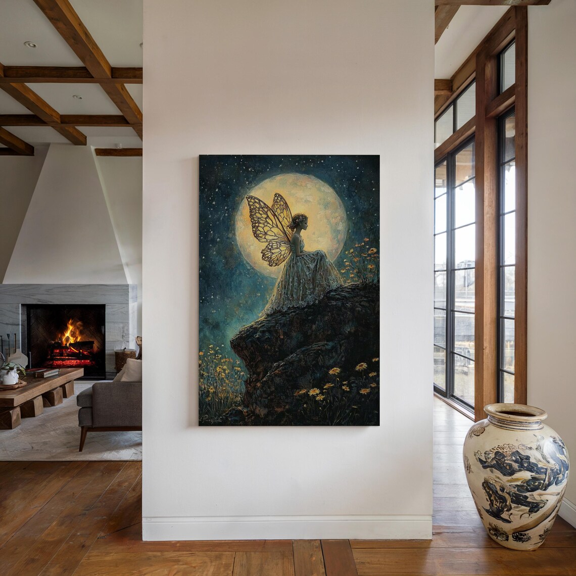 Enchanting Fairy With Golden Wings Under Full Moon Night Fantasy Wall Poster