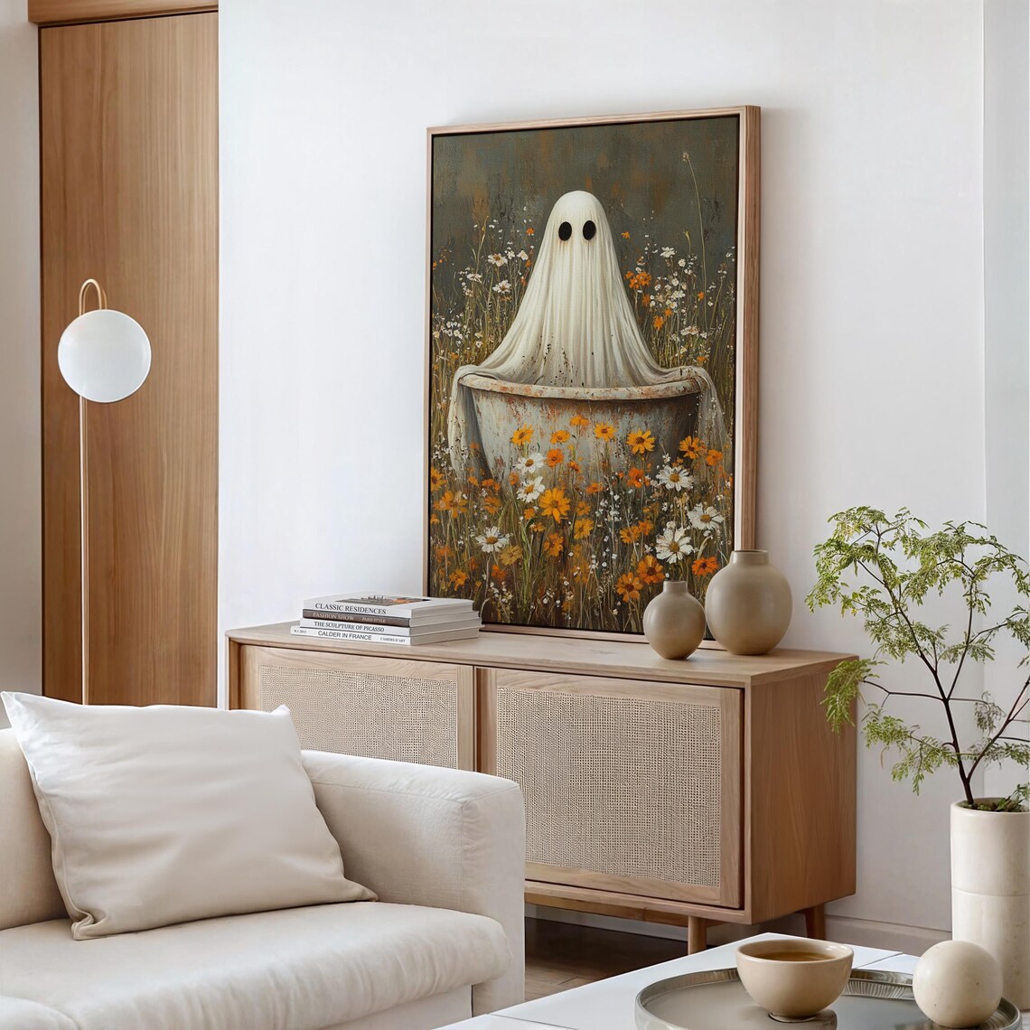 Cute Ghost In Vintage Bathtub Wildflower Halloween Art Poster - Image 6