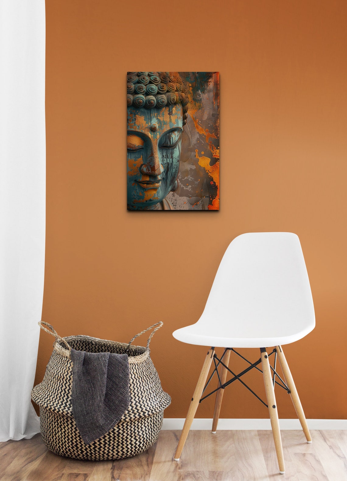 Serene Buddha Face in Teal and Gold Textured Portrait Art Poster - Image 3