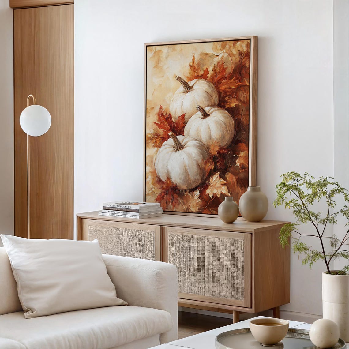 White Pumpkins With Autumn Leaves Warm Fall Still Life Poster - Image 5
