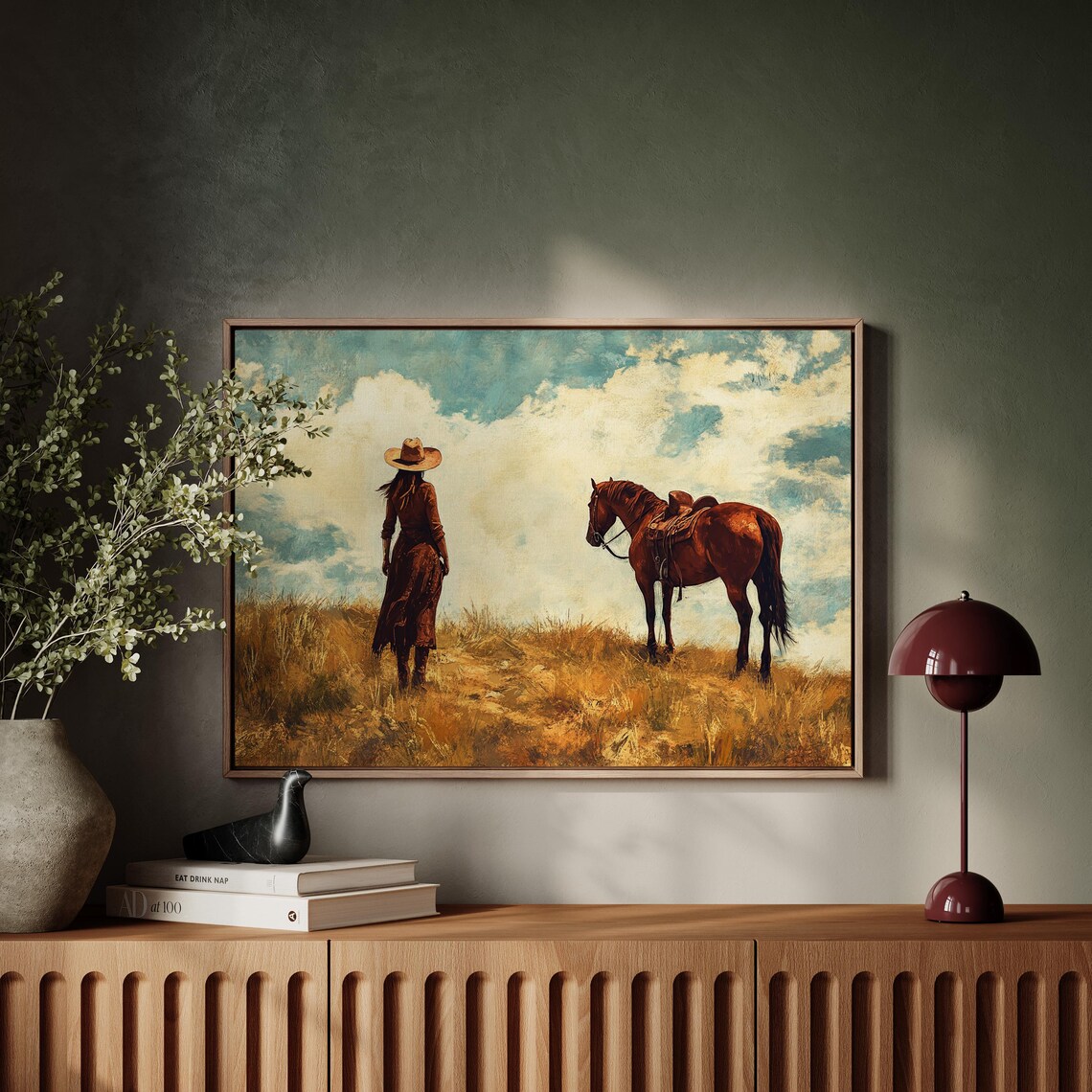 Cowgirl Standing Beside Saddled Horse Prairie Landscape Poster