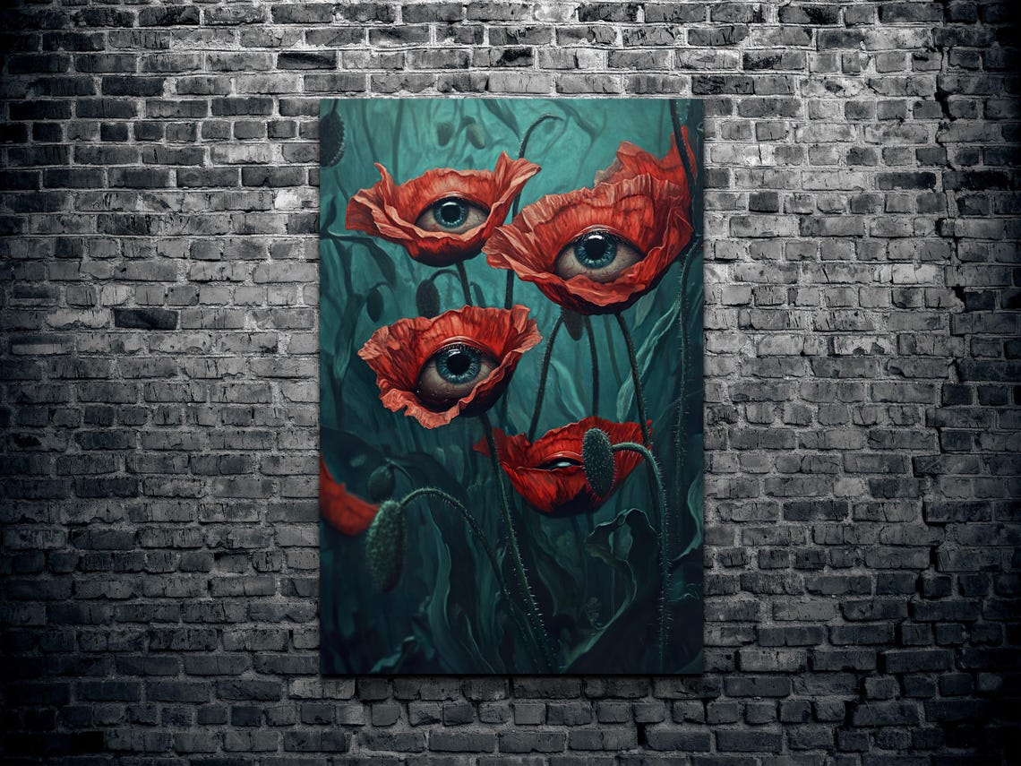 Watchful Eye Poppy Blooms Teal Surreal Botanical Horror Art Poster - Image 2