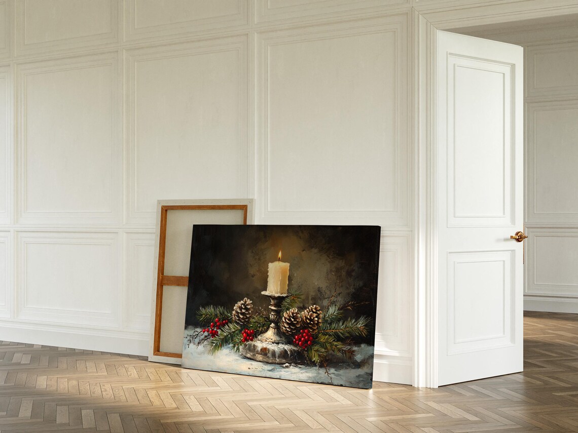 Rustic Christmas Candle Artwork, Festive Pinecones - Image 3