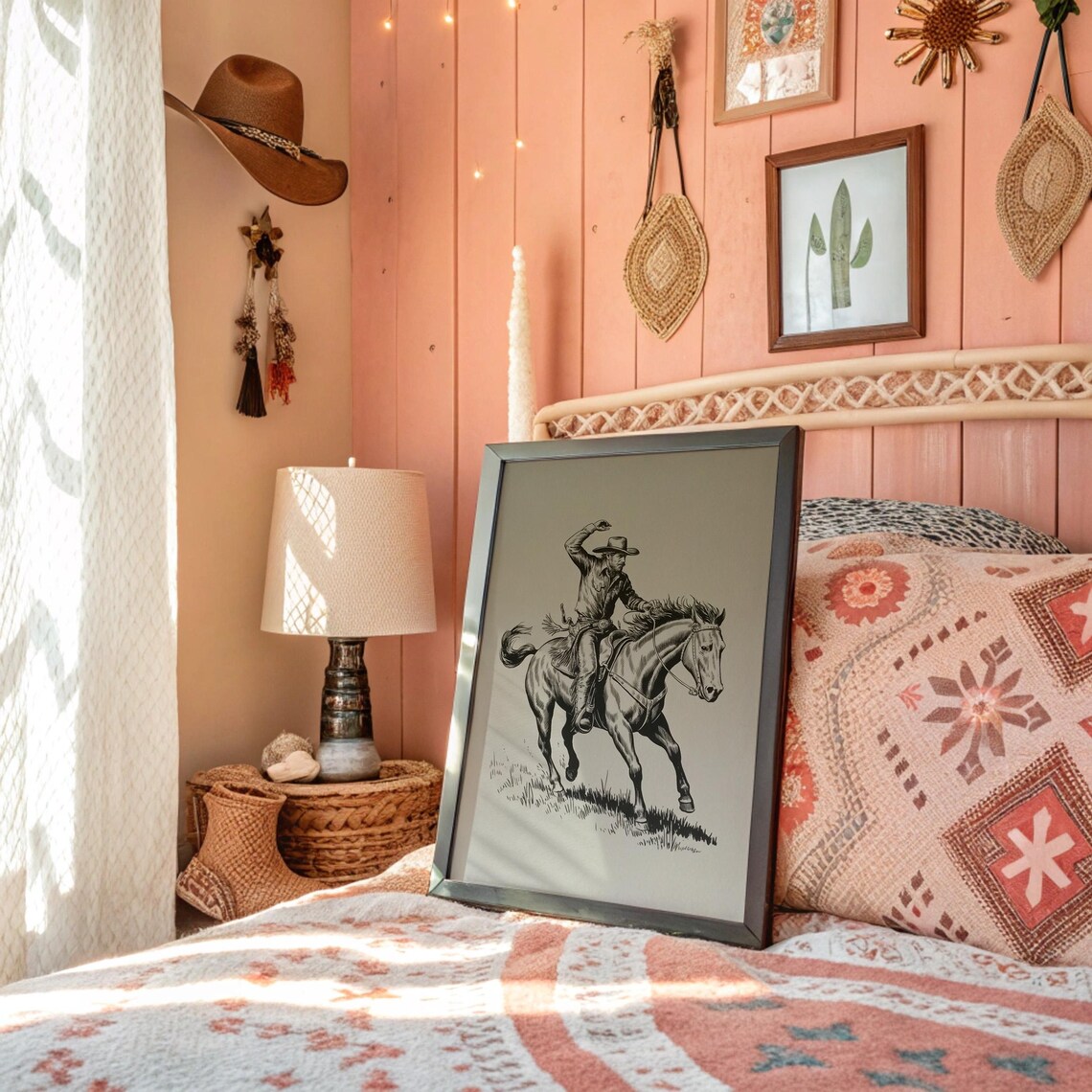 Cowboy Riding Galloping Horse Vintage Western Ink Art Poster
