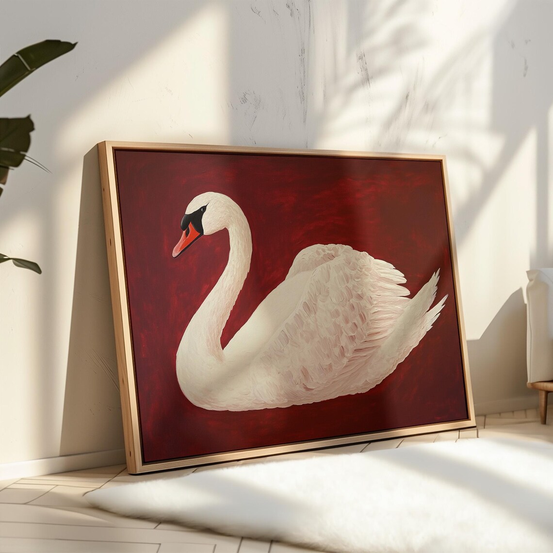 Elegant White Swan On Deep Red Realistic Oil Painting Poster