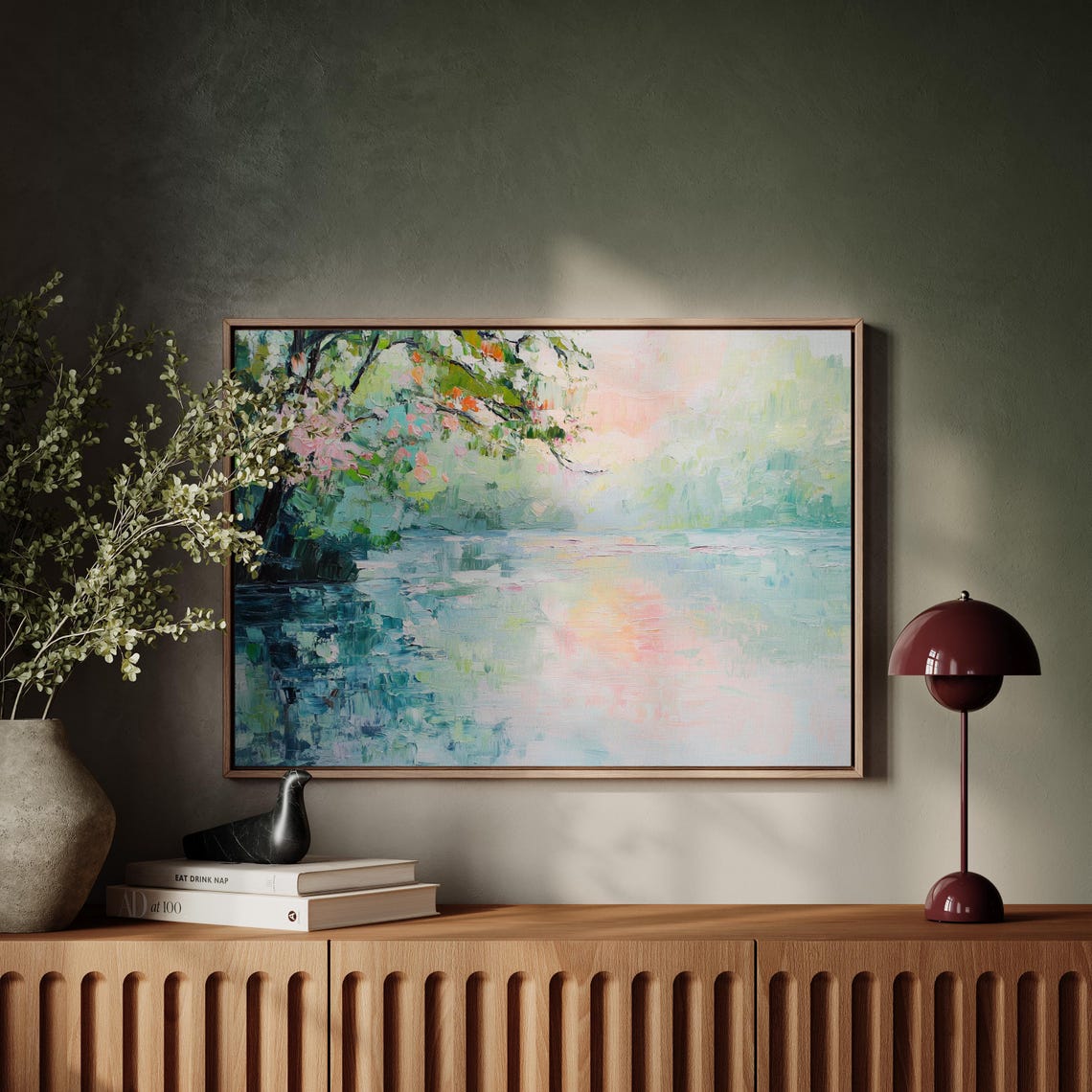Impressionist Riverbank With Blossoming Tree Pastel Landscape Poster - Image 5