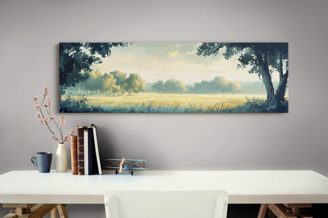 Peaceful Green Meadow Valley Between Trees Soft Panoramic View Poster - Image 2