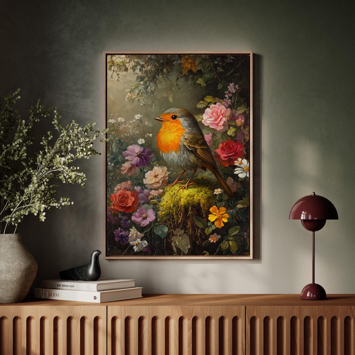 European Robin Perched Moss Stump Vibrant Flower Garden Poster