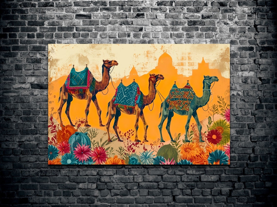Three Decorated Camels Indian Desert Caravan Colorful Poster - Image 2