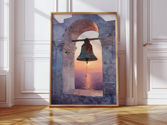 Mediterranean Bell Tower Sunset Over Sea Old Church Watercolor Poster