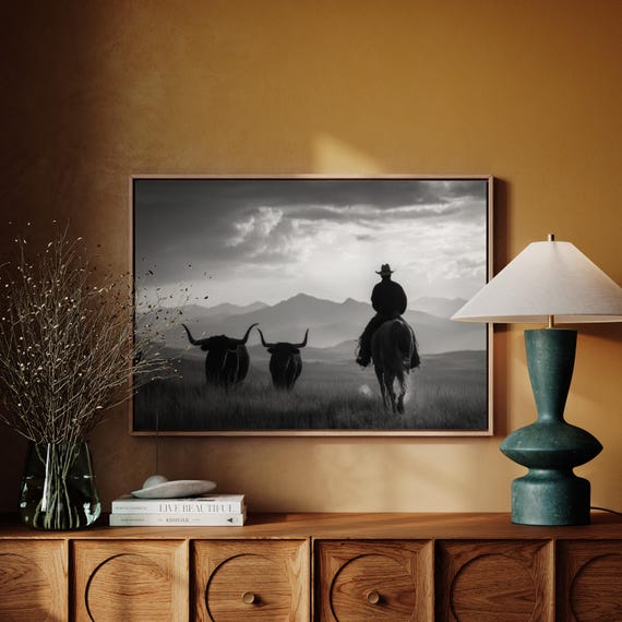 Cowboy Cattle Drive Black And White Western Wall Art