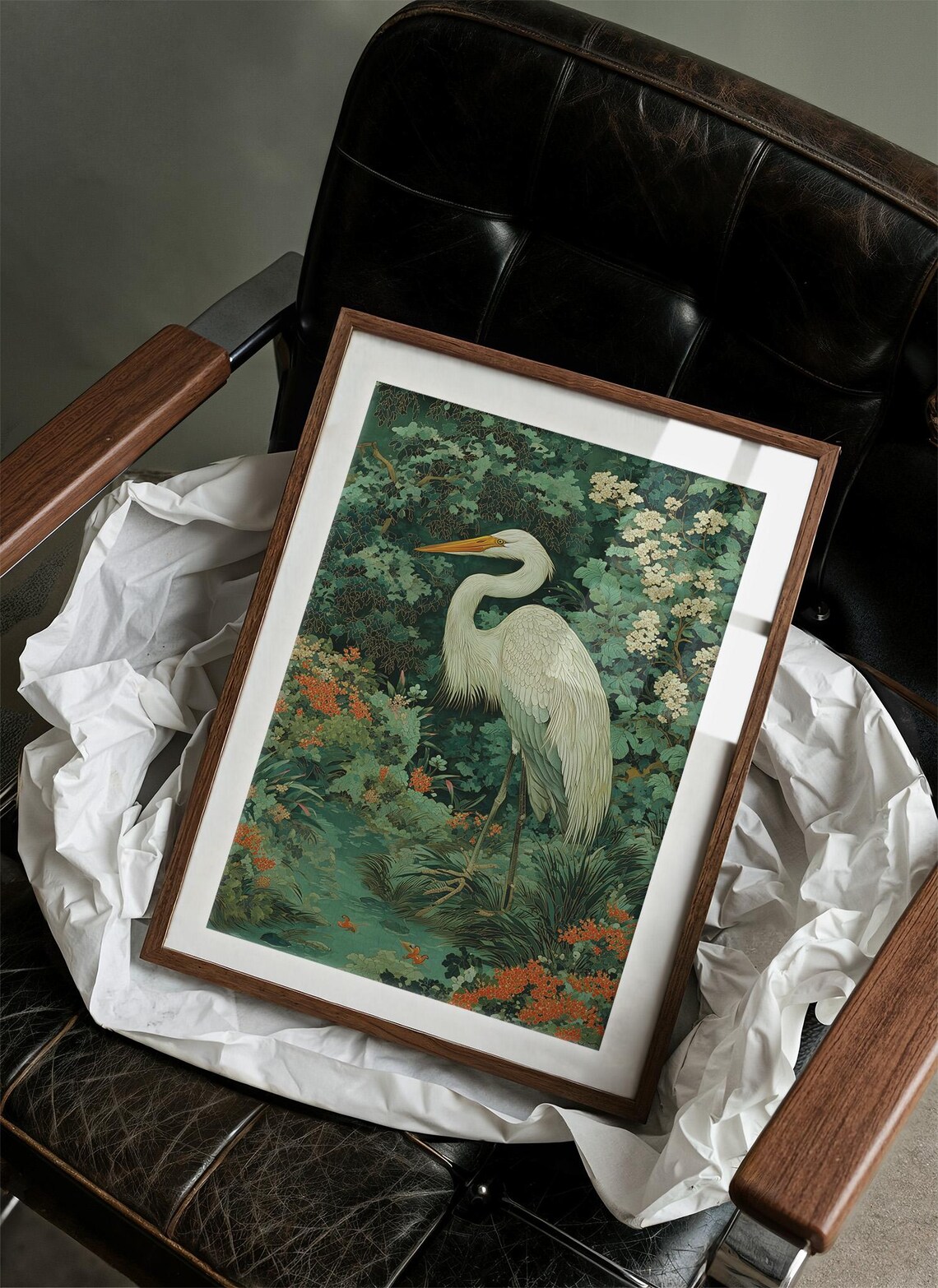 White Heron Amid Verdant Garden Art Print