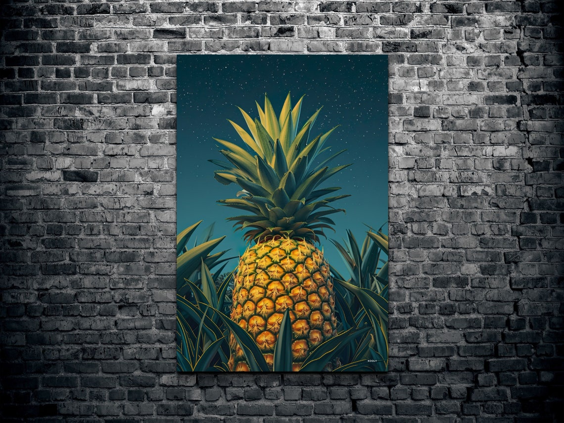 Golden Pineapple Close Up Against Teal Night Sky Tropical Wall Art - Image 2