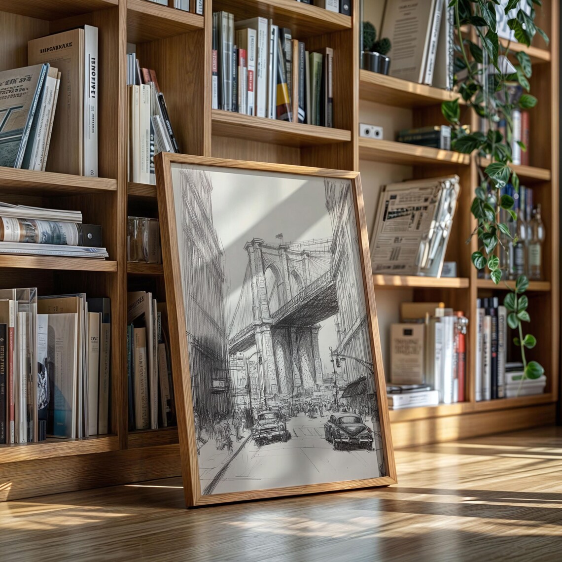 Brooklyn Bridge Pen Drawing With Vintage Cars NYC Street Scene Poster