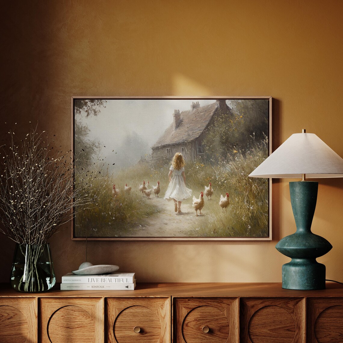 Farmhouse Girl With Chickens Art Print, Rustic Pastoral Scene - Image 4