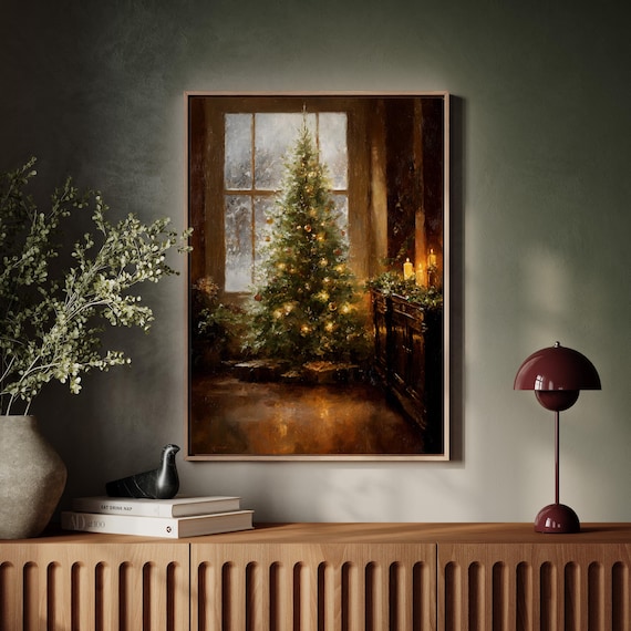 Cozy Christmas Tree By Candlelit Window Warm Holiday Oil Painting Poster