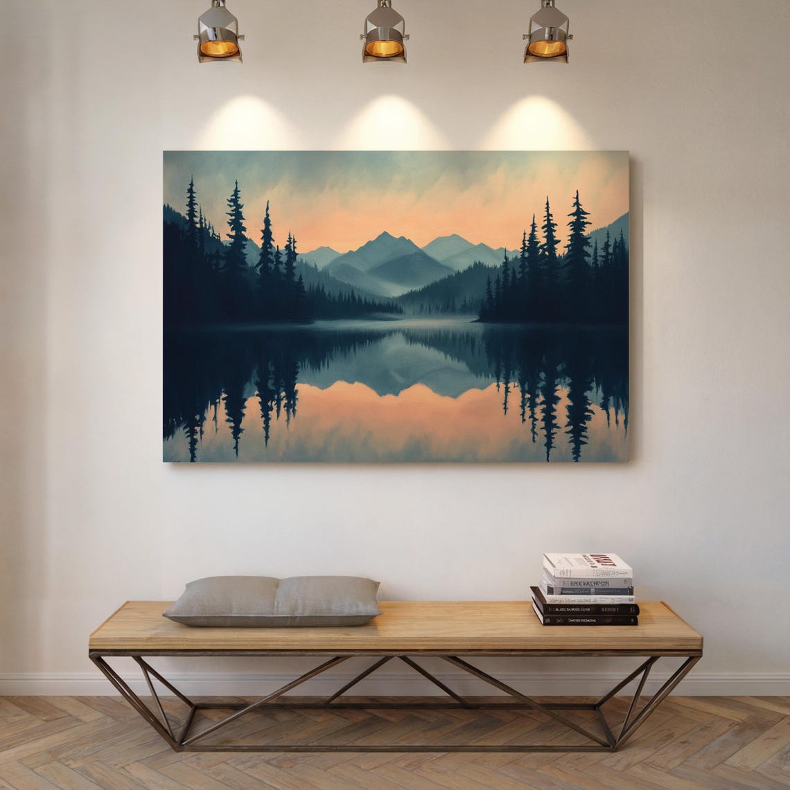Moody Mountain Lake Pines Serene Sunset Mirror Reflection Poster - Image 2