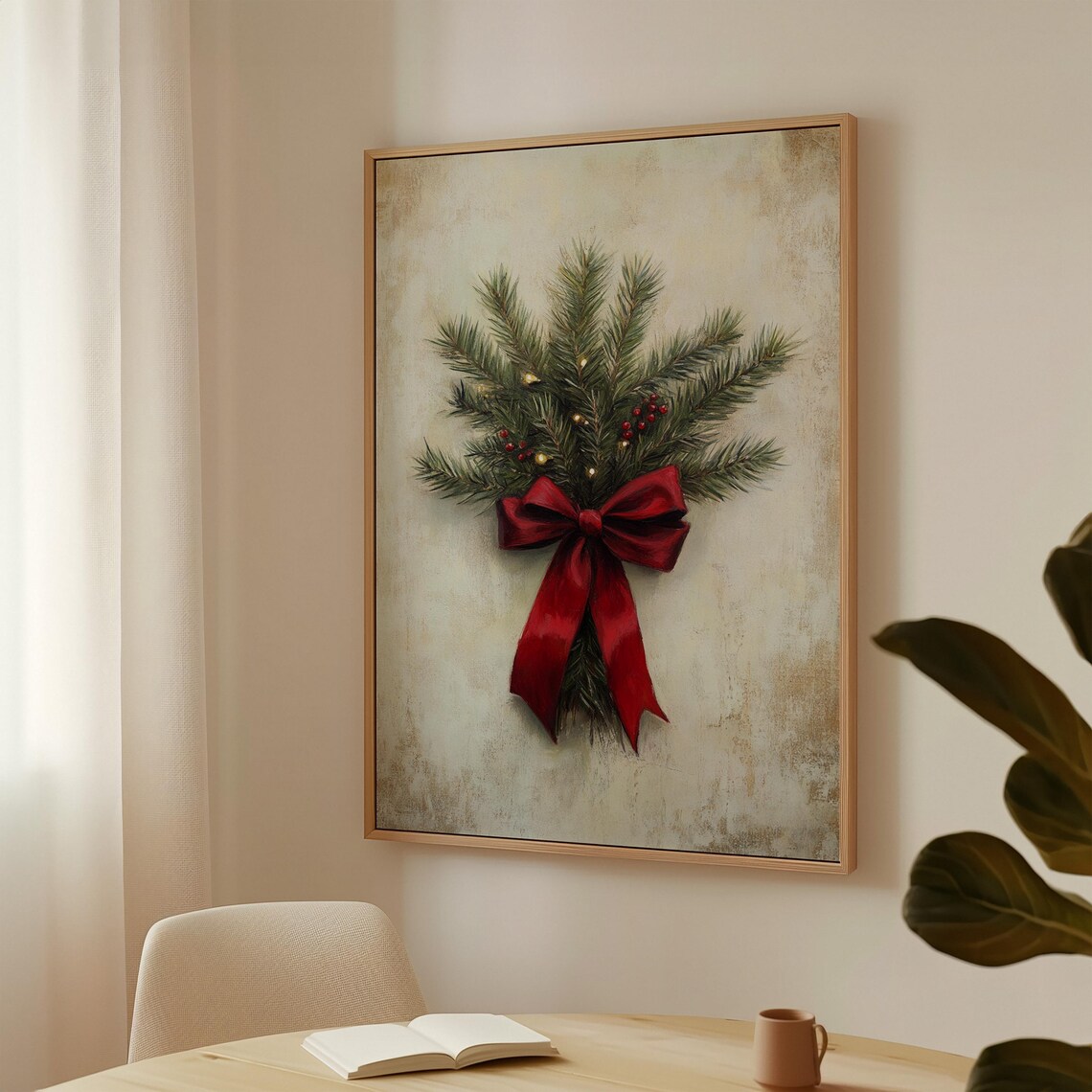 Christmas Pine Sprig With Red Bow Berries Vintage Holiday Poster