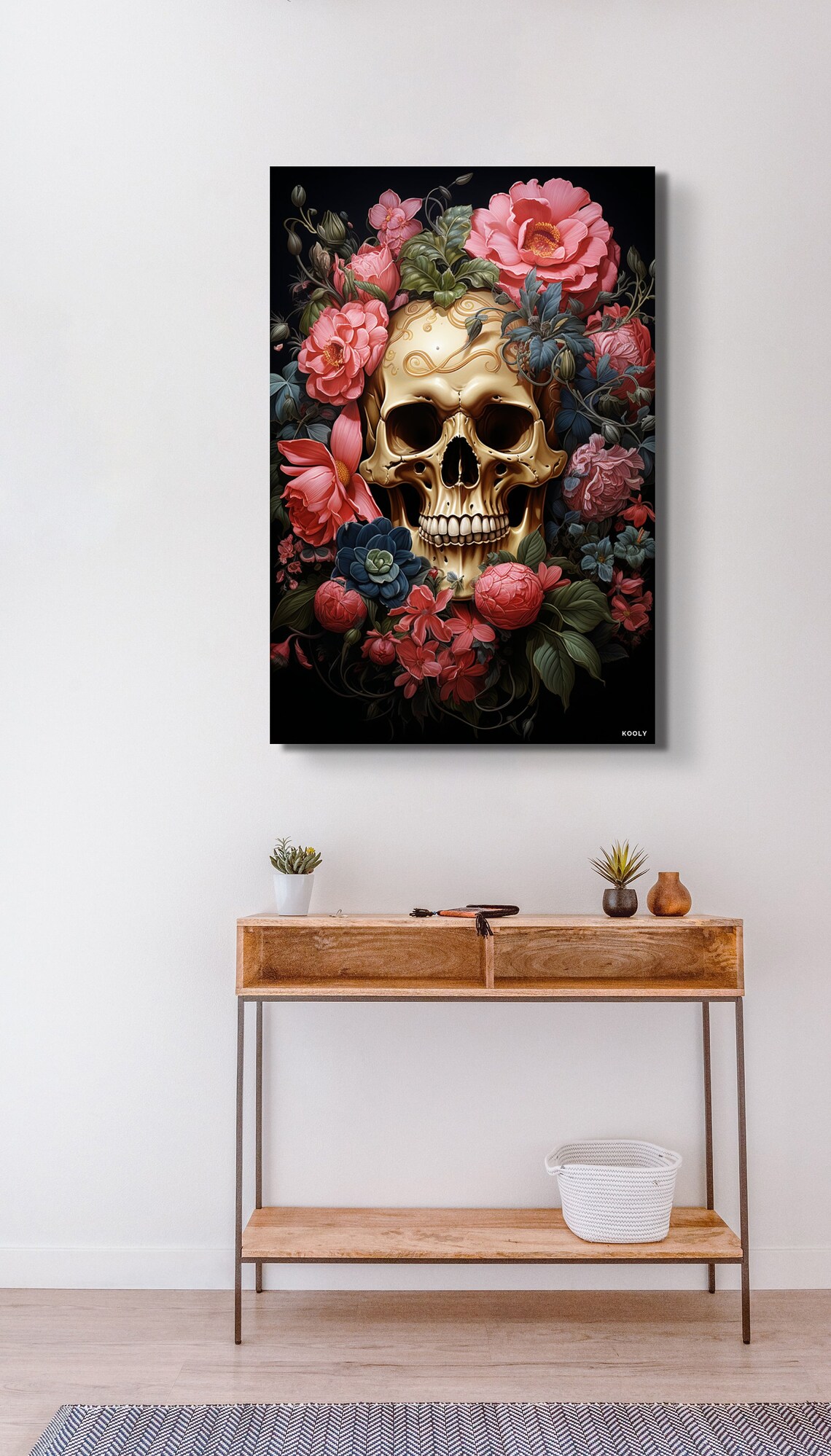Golden Skull With Pink Flowers Day Of The Dead Gothic Art Poster - Image 4
