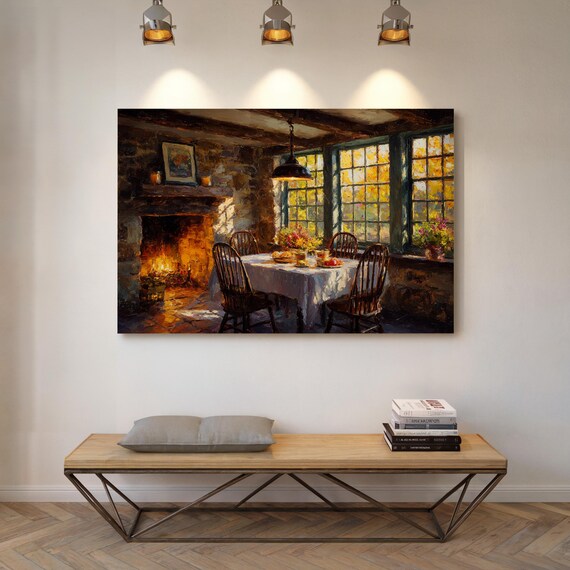 Cozy Fireside Dining Room With Autumn Windows Painting Wall Print