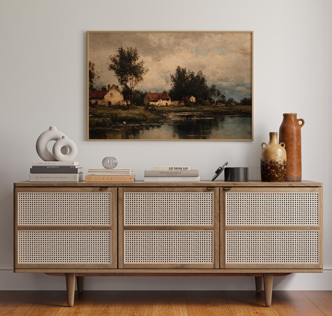 Rustic Village River Farmhouses Vintage Countryside Painting Poster