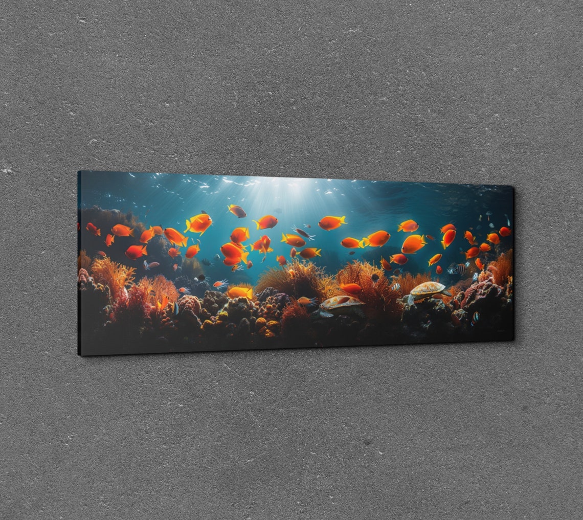 Orange Fish School Sea Turtle Coral Reef Underwater Panorama Wall Art - Image 7