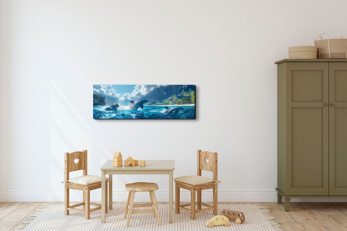 Dolphins Leaping in Turquoise Water Beside a Mountain Coast Poster - Image 3