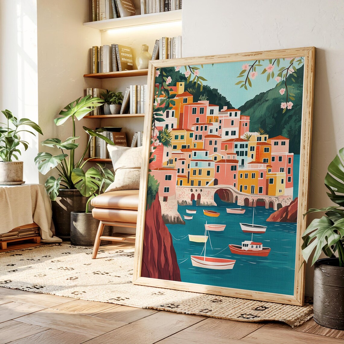 Colorful Italian Coastal Town Harbor With Boats Travel Poster