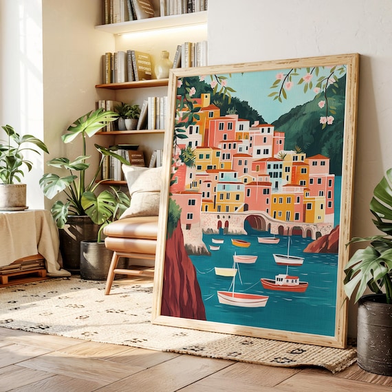 Colorful Italian Coastal Town Harbor With Boats Travel Poster