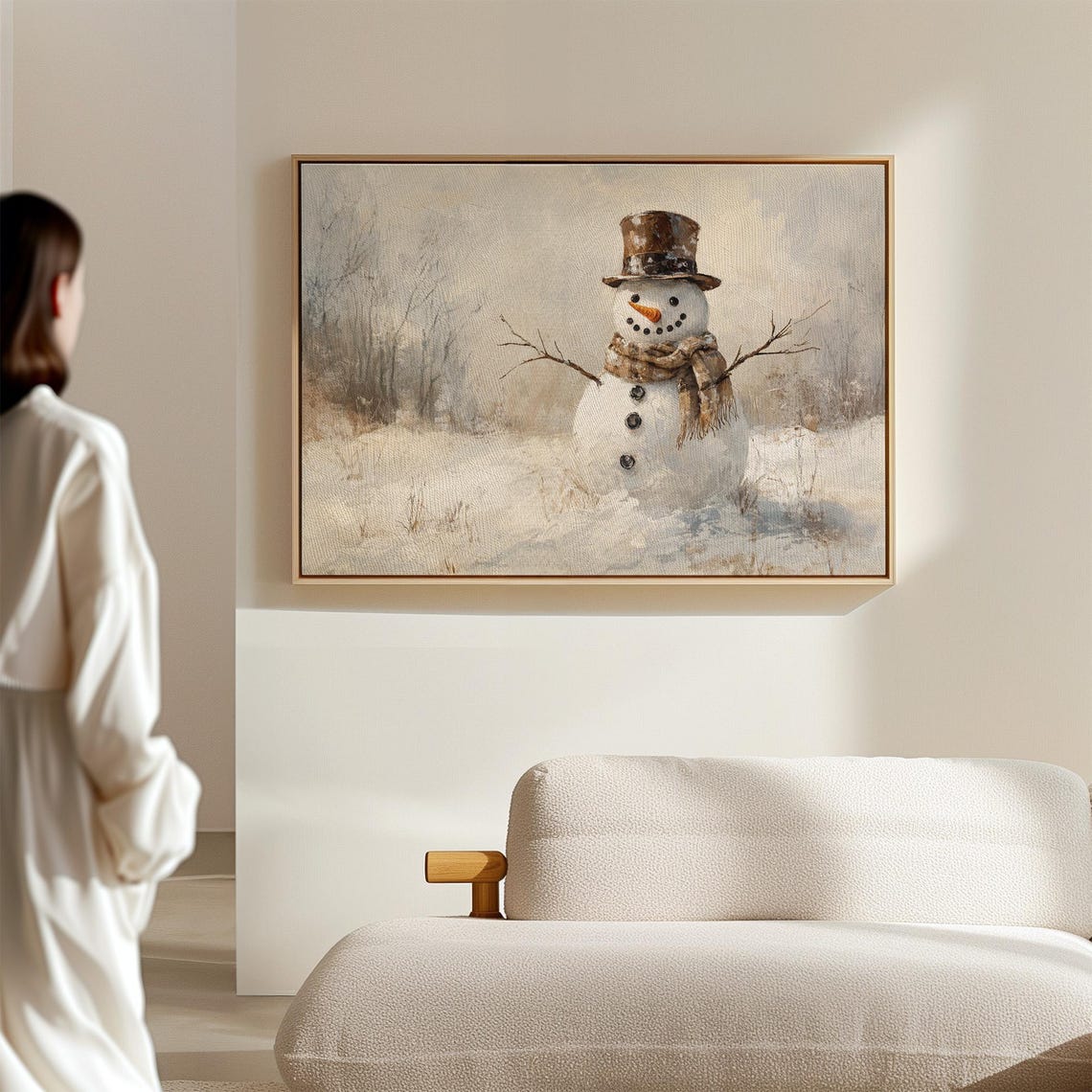 Classic Snowman With Top Hat And Scarf In Snowy Winter Scene Wall Art - Image 6