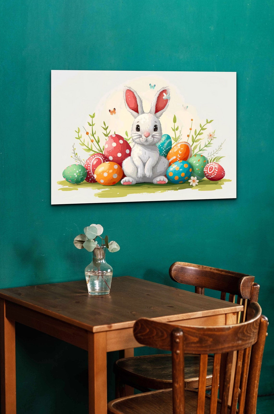 Cute White Easter Bunny Watercolor Decorated Eggs Spring Poster - Image 3
