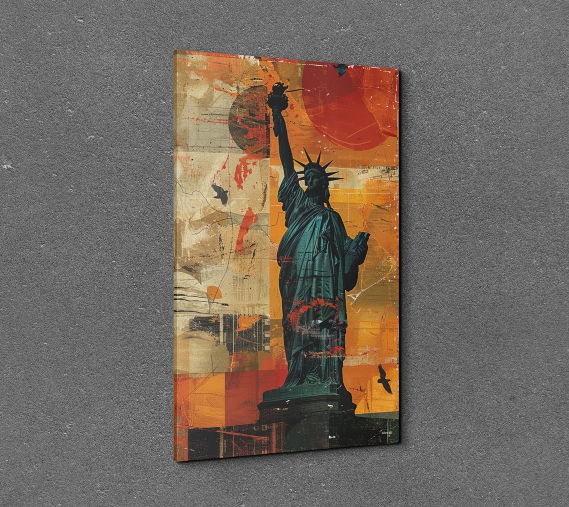 Statue of Liberty Abstract Collage with Giant Red Sun Wall Art - Image 3