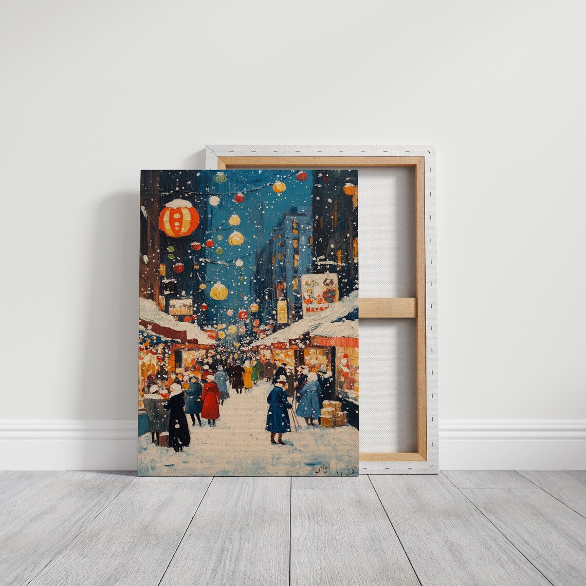 Christmas Market Snowy Night Festive Lanterns Stalls Holiday Poster - Image 3