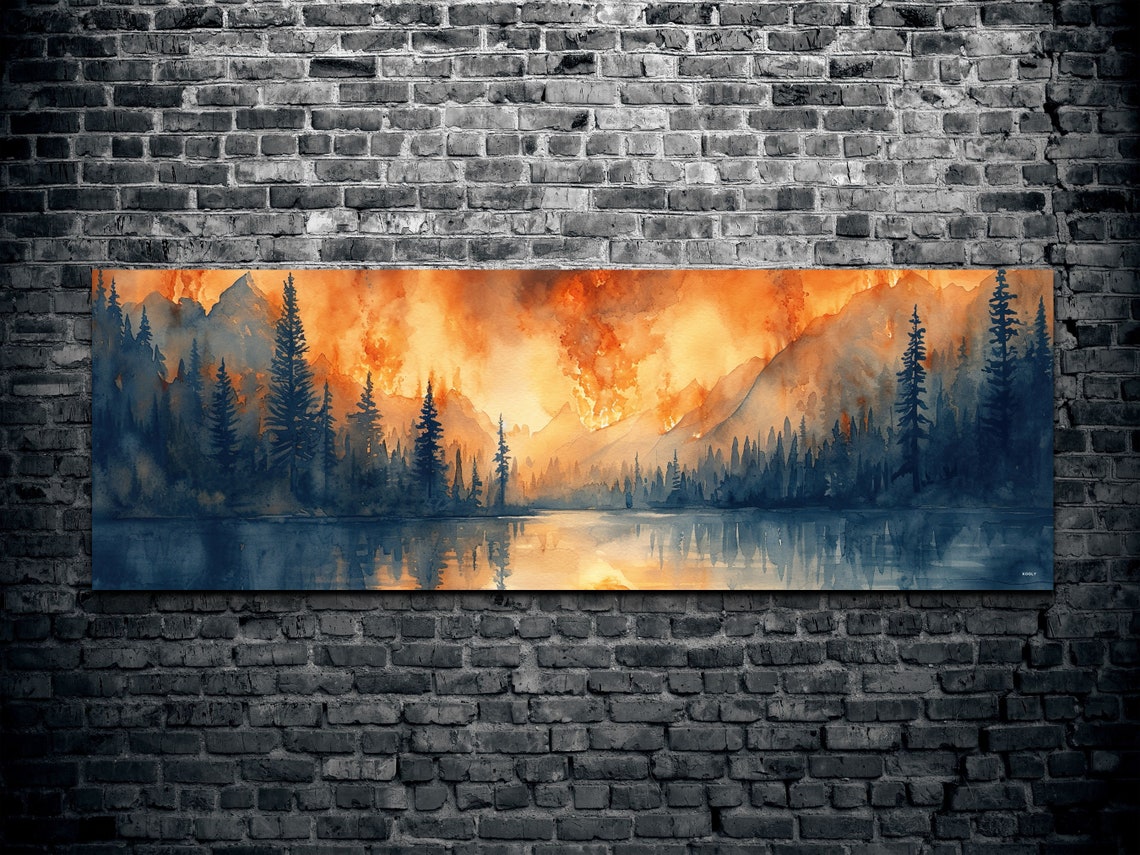 Panoramic Watercolor Forest Fire Wall Art - Image 2